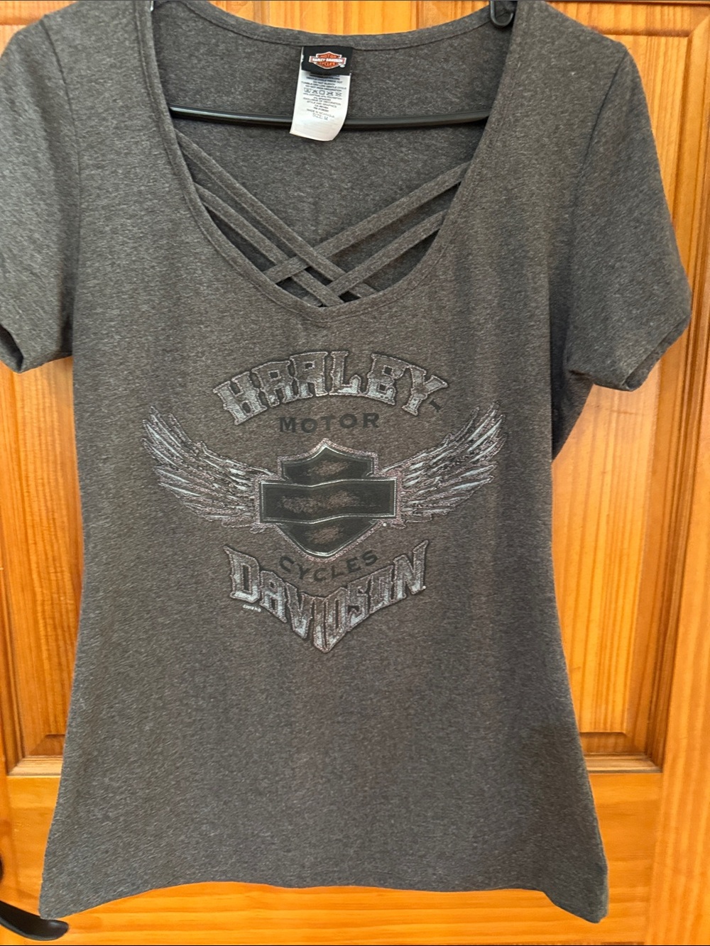 Harley-Davidson Women's Charcoal Crisscross V-Neck Tee with Winged Logo